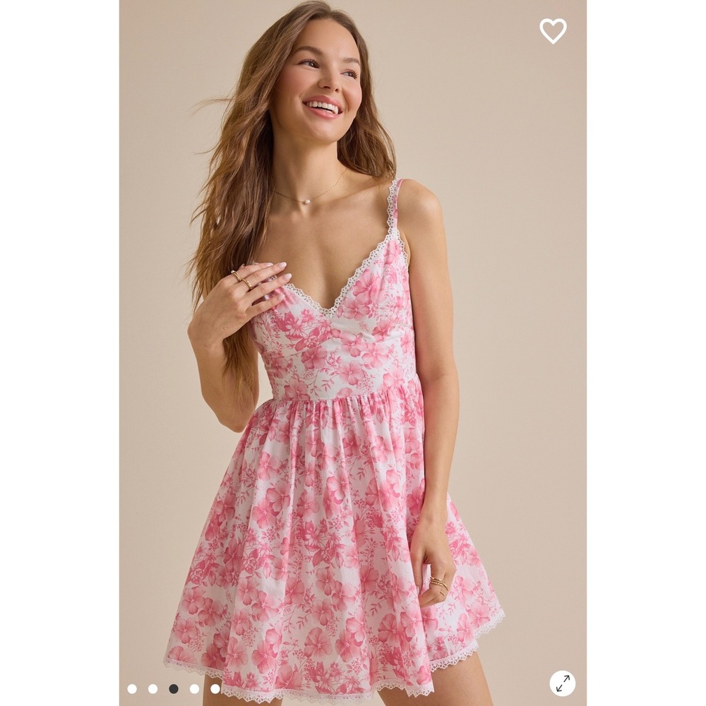 Altar'd State Pink Floral Lace Trim Mini Dress Smocked Back Dress Size XXS - Picture 3 of 10